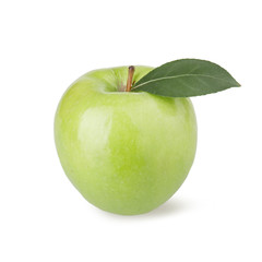 Ripe green apple with a leaf on a white background