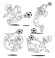 Soccer Women various .Black and White Coloring Template