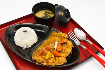 Bento, Japanese food style , fried chicken and  rice and soup