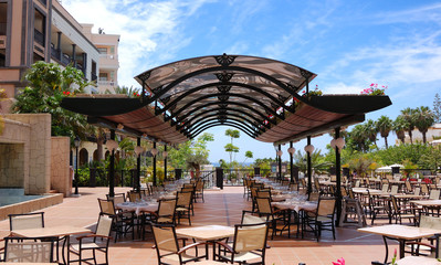 Open-air restaurant with a view on Atlantic Ocean at luxury hote