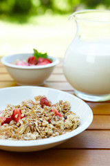 bowl of muesli with fresh fruits as diet food