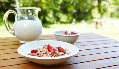 bowl of muesli with fresh fruits as diet food