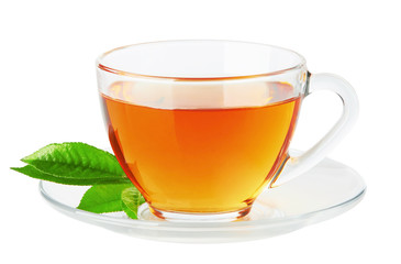 Cup with tea and green leaf