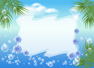 Fototapeta na wymiar Seascape with palm branches, bubbles and flowers