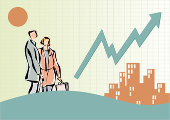 Fototapeta premium Business people near buildings and line graph