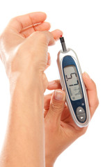Diabetes patient measuring glucose level blood test