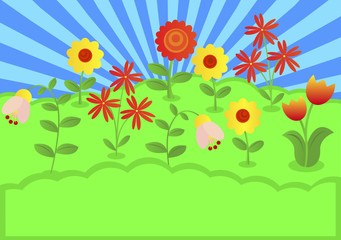 Fototapeta na wymiar card with landscape with flowers and blue sky,
