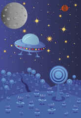 paysage de nuit bleue avec vaisseau spatial