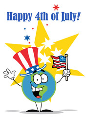Globe Cartoon Characters with American Patriotic Hat And Flag