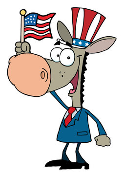 Cartoon Donkey Waving An American Flag