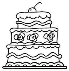 Triple Tiered Outlined Wedding Cake With Frosting And A Cherry