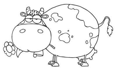 Outlined Chubby Cow Eating A Daisy Flower