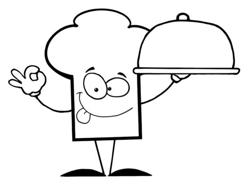 Outlined Chef Hat Guy Holding A Platter