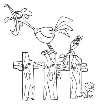 Outline Of A Loud Rooster Crowing On A Fence By A Corn Stalk