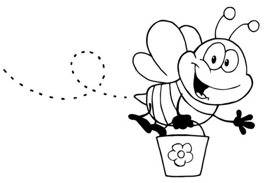 Black And White Honey Bee Flying With A Bucket And Waving