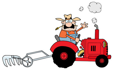 Farmer Waving And Tilling A Field With A Tractor