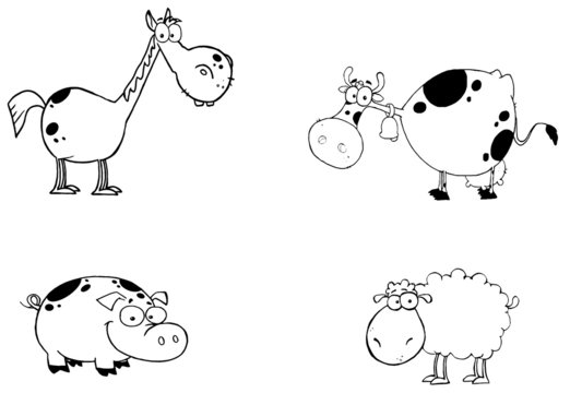 Outlined Farm Animals Cartoon Characters Set