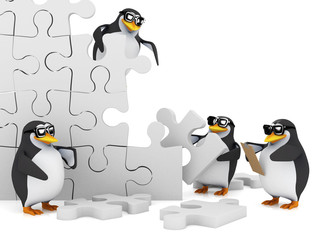 3d Penguins build a jigsaw wall