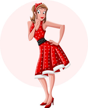 A sexy cartoon pin up girl wearing red dress