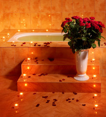Interior of sauna with candle.