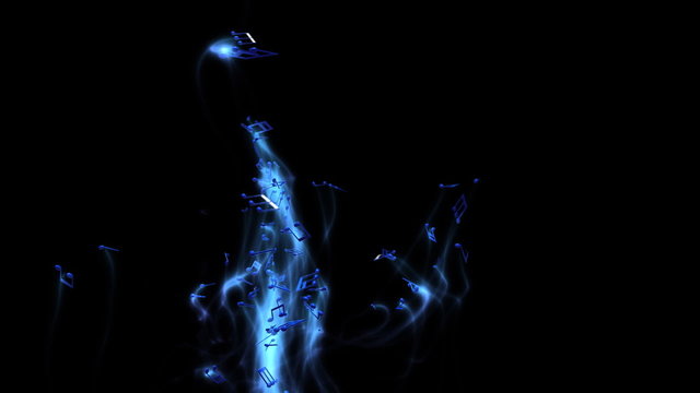 Music notes drift upwards with blue trail. Comes with Alpha.