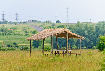 House with a roof of reeds in the meadow