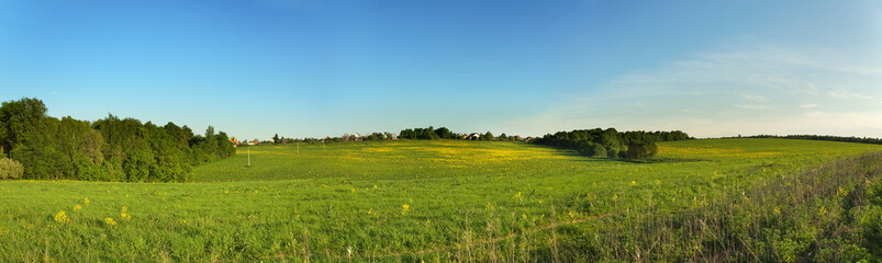 Wide panorama view of summer meadow with small village