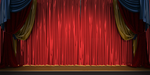 3d theater scene set with red velvet curtains - obrazy, fototapety, plakaty