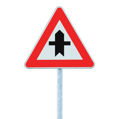 Crossroads Warning Main Road Sign With Pole, isolated