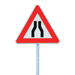 Road narrows sign on pole isolated roadside signage closeup