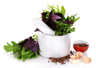 spices and mortar isolated on white