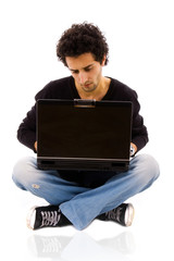 young man with laptop, isolated on white
