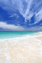 打ち寄せる真っ白い波と青い空