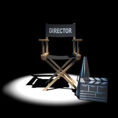 3d Directors chair in the dark with clapperboard