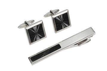 silver cuff link and tie pin isolated on white - 32965030