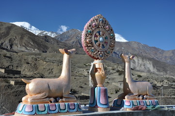 Brahma symbol on Muktinath Temple on the mountains background