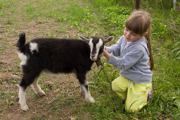 Naklejka na ściany i meble Little girl with goat