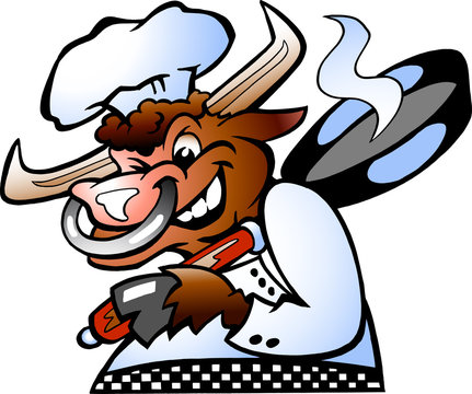 Bull Chef holding a Pan over his schoulder