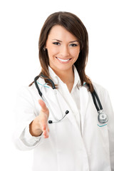 Female smiling doctor giving hand for handshaking, isolated