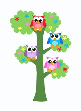 four colorful owls sitting in a tree