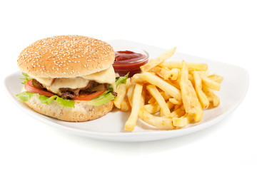 Hamburger with fries