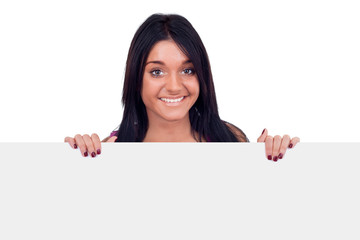 teen girl holding blank billboard