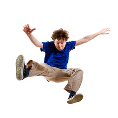 Boy jumping, running isolated on white background