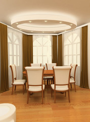 Fototapeta premium Wooden Table with armchair by the big windows