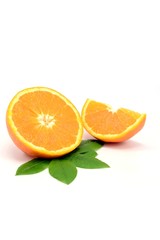 Fototapeta na wymiar 2 pieces of freshly cut orange on a white background