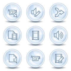 Audio video edit  web icons, light blue glossy circle buttons