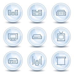 Audio video web icons, light blue glossy circle buttons