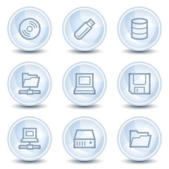 Drives and storage web icons, light blue glossy circle buttons