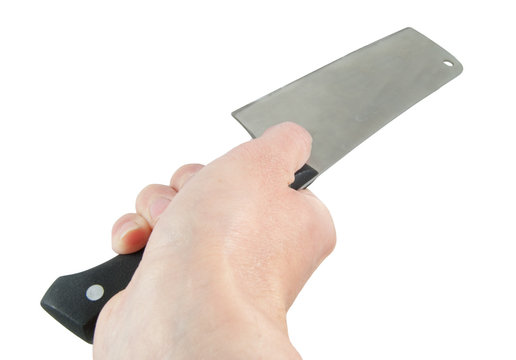 meat cleaver in hand isolated on white background