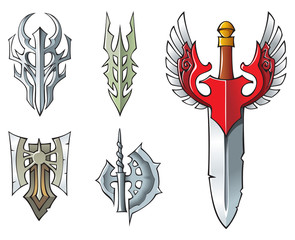 Collection of fantasy sword, artifacts, halberd, axe. Vector